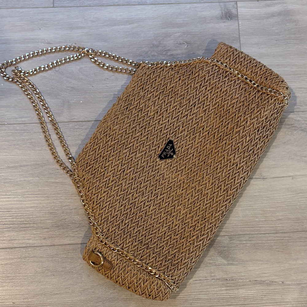 Woven Straw Chain-Handle Shoulder Bag in Tan